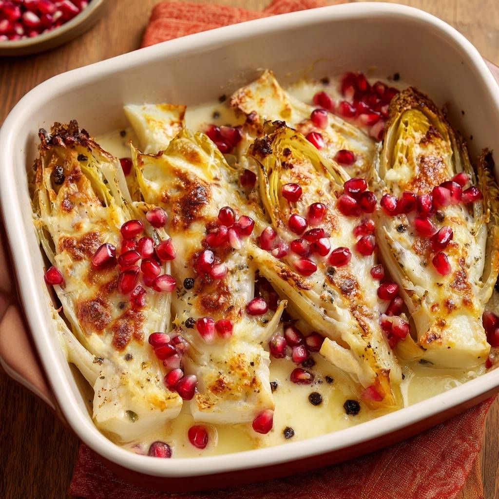 Gebackener Endivie-Gratin mit Käse und Granatapfel, nahaufnahme des geschmolzenen Käses und der roten Granatapfelkerne.