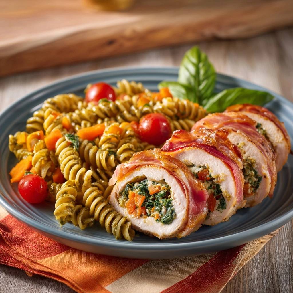 Gefüllte Hähnchenbrust im Speckmantel angeschnitten, zeigt saftige Füllung aus Spinat und Karotten mit Fusilli-Pasta.