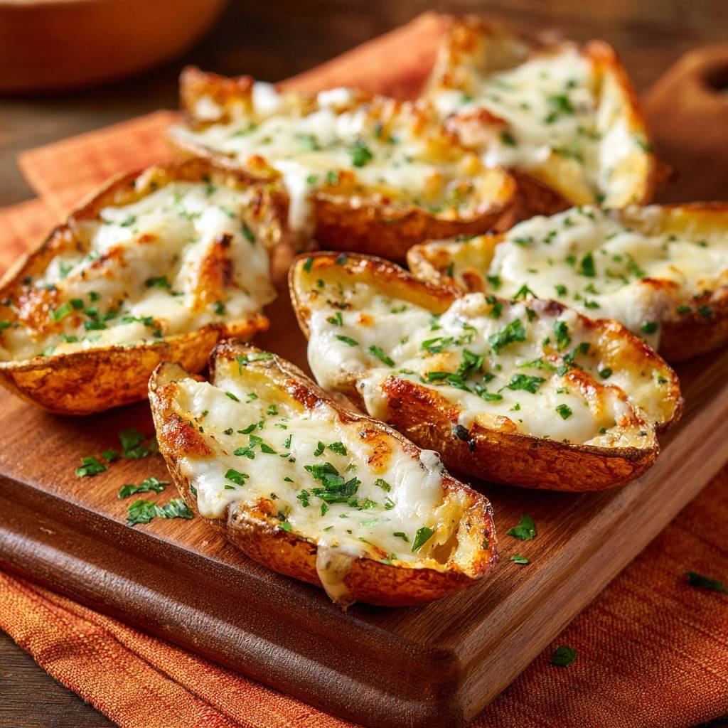 Gefüllte Käse-Ofenkartoffeln, knusprig und cremig, aus der Nähe mit geschmolzenem Käse und Petersilie garniert auf einem Holzbrett.