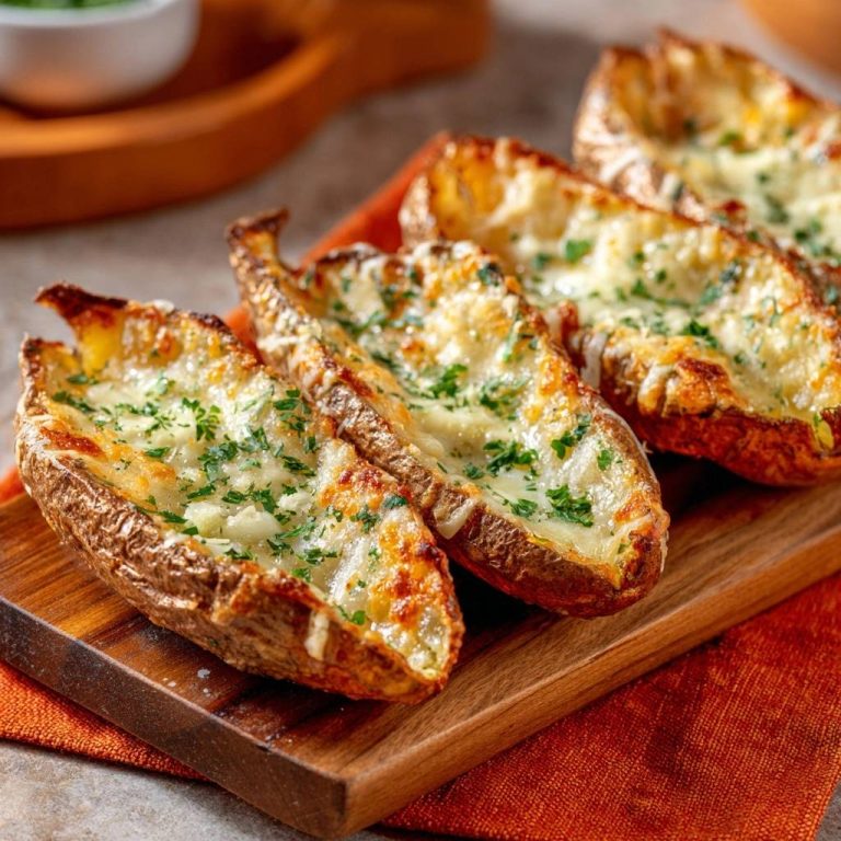 Gefüllte Käse-Ofenkartoffeln, knusprig und cremig, auf einem Holzbrett mit frischer Petersilie garniert.