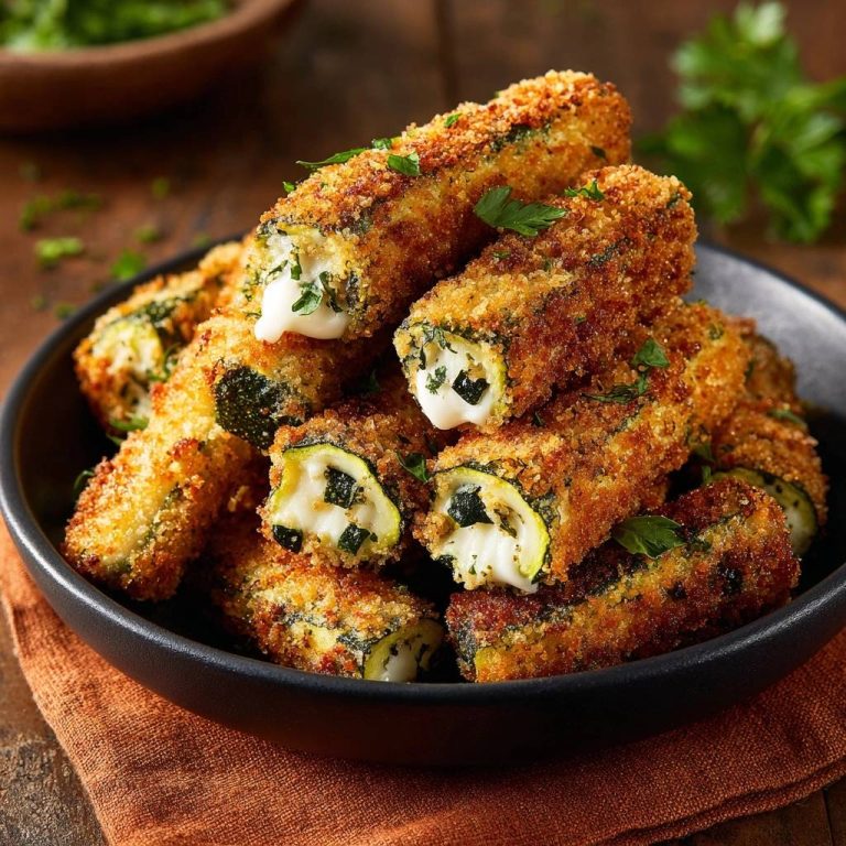 Knusprige gefüllte Zucchini-Sticks mit geschmolzenem Käse im Inneren, Nahaufnahme des Anschnitts.