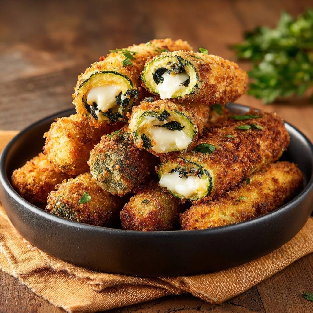 Knusprige gefüllte Zucchini-Sticks mit geschmolzenem Käse und Spinat im Anschnitt auf einem Teller