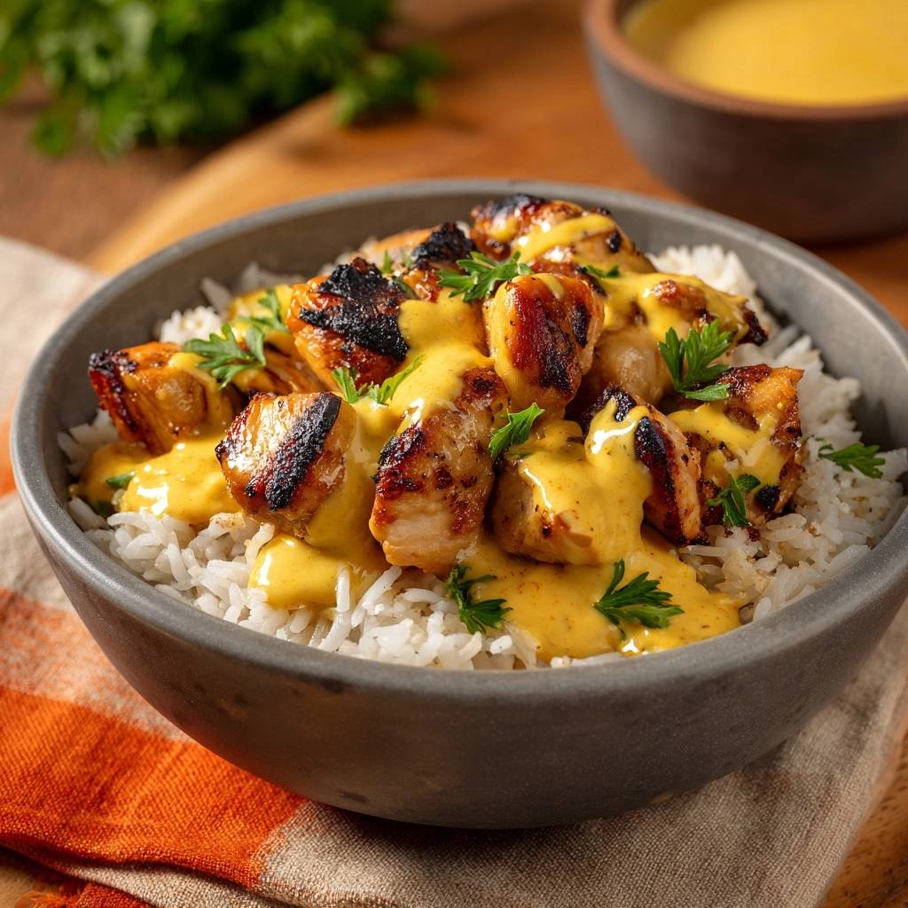 Gegrilltes Hähnchen-Curry-Bowl mit saftigen Stücken und cremiger Sauce, serviert auf Reis und garniert mit Petersilie.