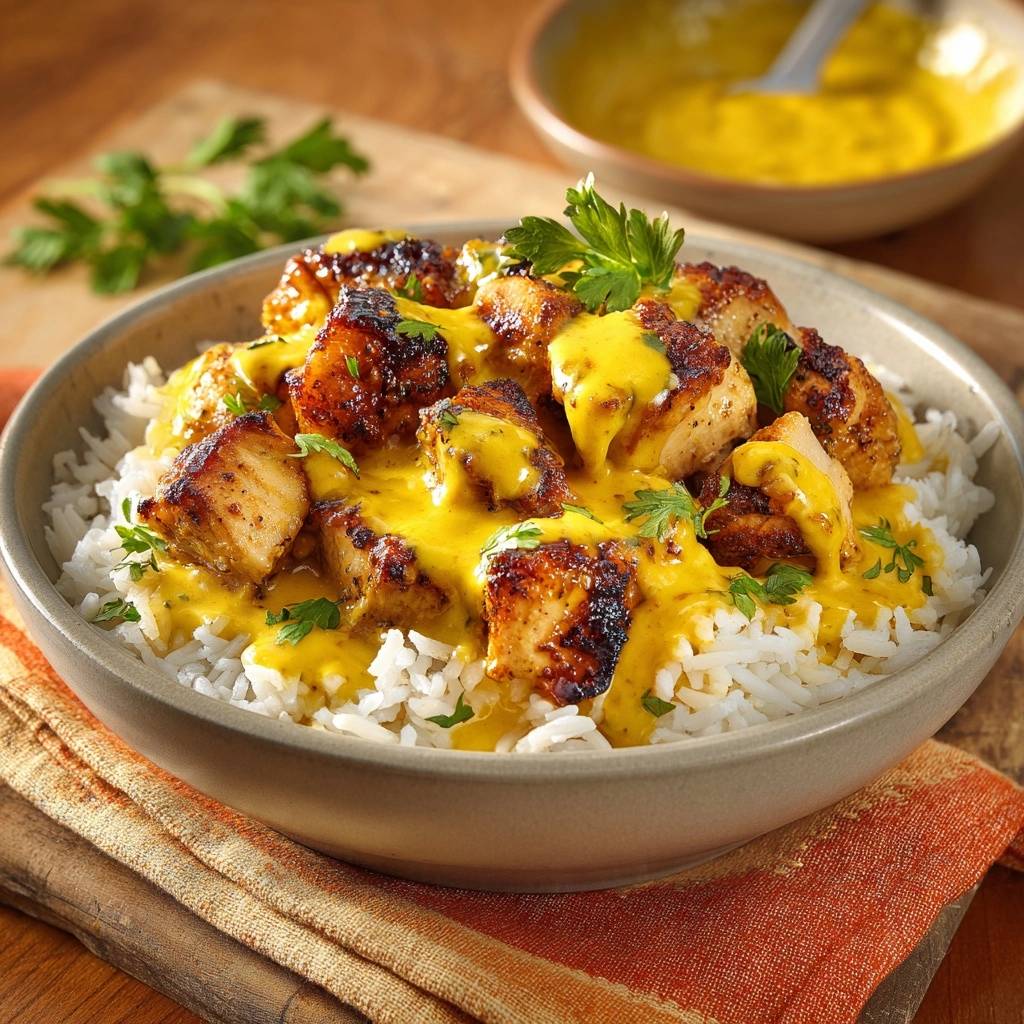 Gegrilltes Hähnchen-Curry-Bowl mit saftigen Stücken und cremiger Currysauce, Nahaufnahme der Textur.