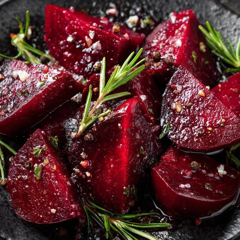 Geröstete rote Bete mit Rosmarin und Knoblauch, nahaufnahme der gewürzten Rote-Bete-Stücke auf einem Teller.