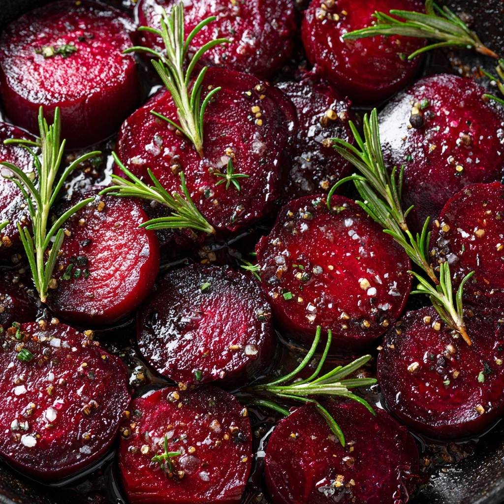 Geröstete rote Bete mit Rosmarin und Knoblauch, nahaufnahme der geschnittenen Bete mit Kräutern und Gewürzen garniert.