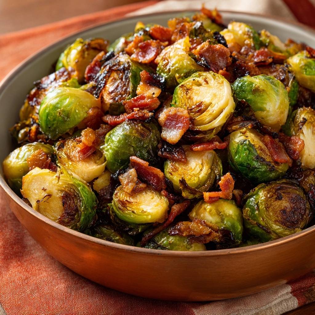 Gerösteter Rosenkohl mit Bacon als Nahaufnahme in einer Schüssel, mit knusprigen Speckstücken.
