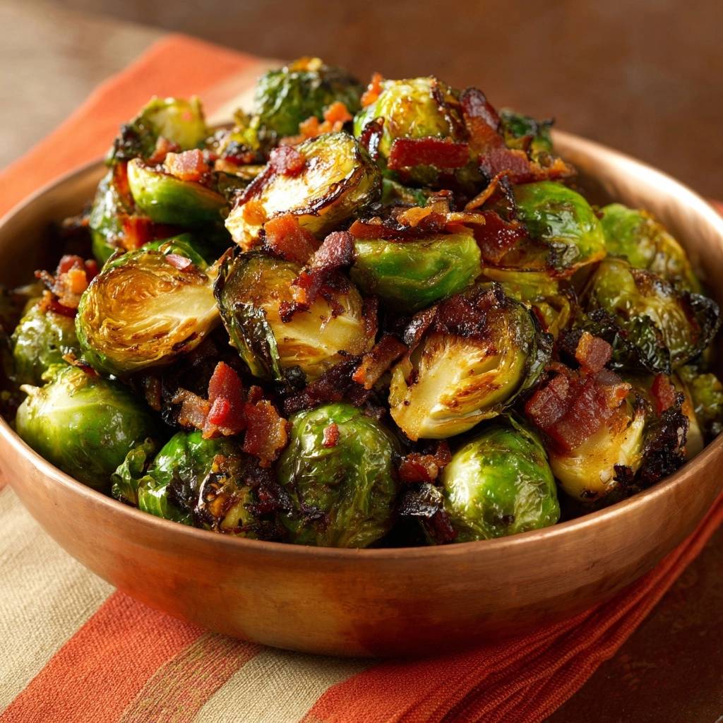 Gerösteter Rosenkohl mit Bacon, Anschnitt zeigt die zarte Innenseite und knusprige Speckstücke in einer Kupferschüssel.