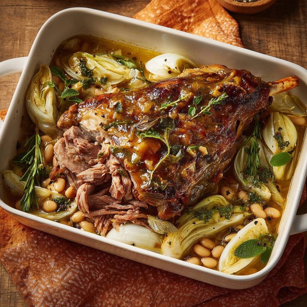 Geschmorte Lammhaxe auf weißen Bohnen, nahaufnahme des zarten Fleisches mit Fenchel und Kräutern in einer Auflaufform.