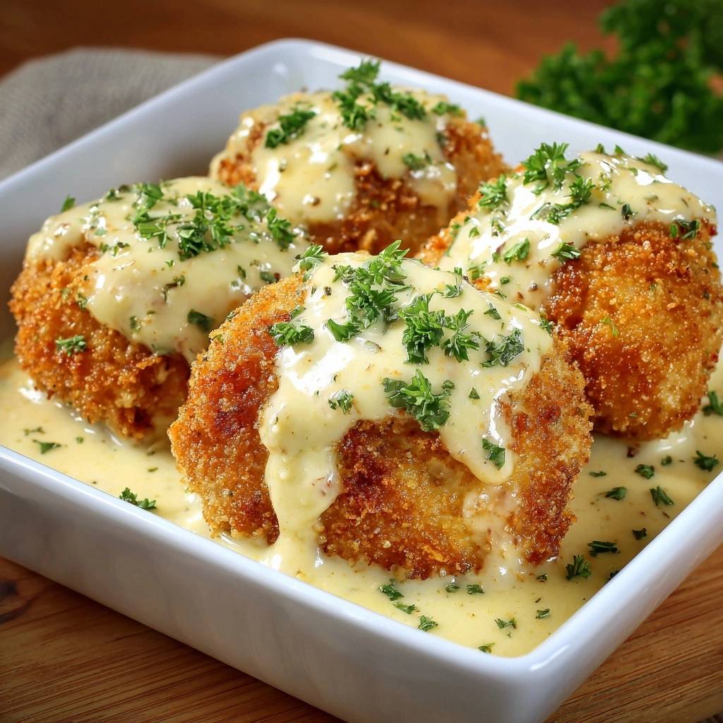 Goldbraune Fischfrikadellen mit Zitronen-Butter-Sauce, garniert mit frischer Petersilie in einer weißen Schüssel.