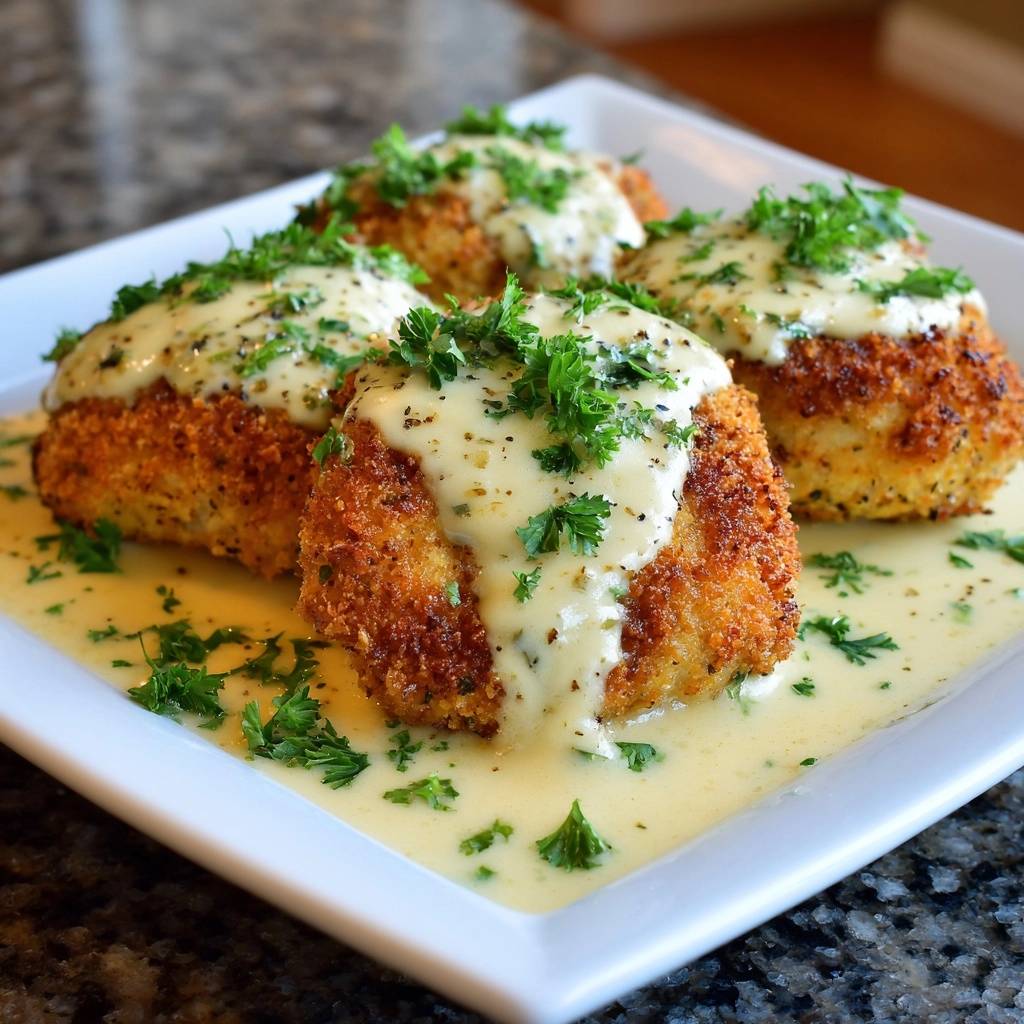 Goldbraune Fischfrikadellen mit Zitronen-Butter-Sauce, serviert auf einem weißen Teller und mit frischer Petersilie garniert.