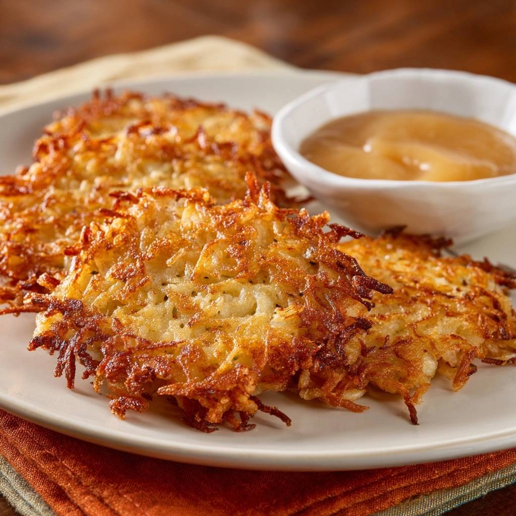 Goldbraune Kartoffel-Rösti als Nahaufnahme mit knusprigen Rändern und einer kleinen Schale Apfelmus daneben.