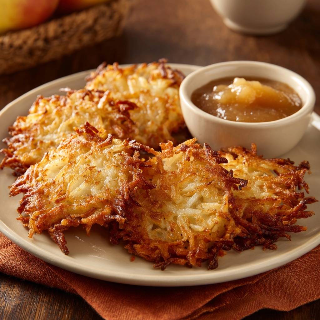 Goldbraune Kartoffel-Rösti mit Apfelmus auf einem Teller, Nahaufnahme der knusprigen Textur.