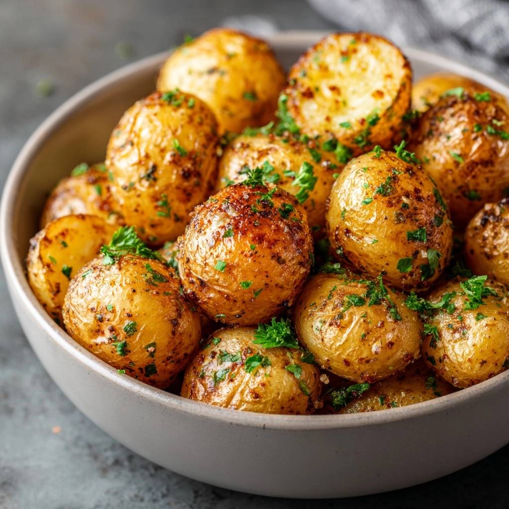 Goldbraune Knoblauch-Kräuterkartoffeln, außen kross und innen weich, garniert mit frischer Petersilie in einer Schüssel.