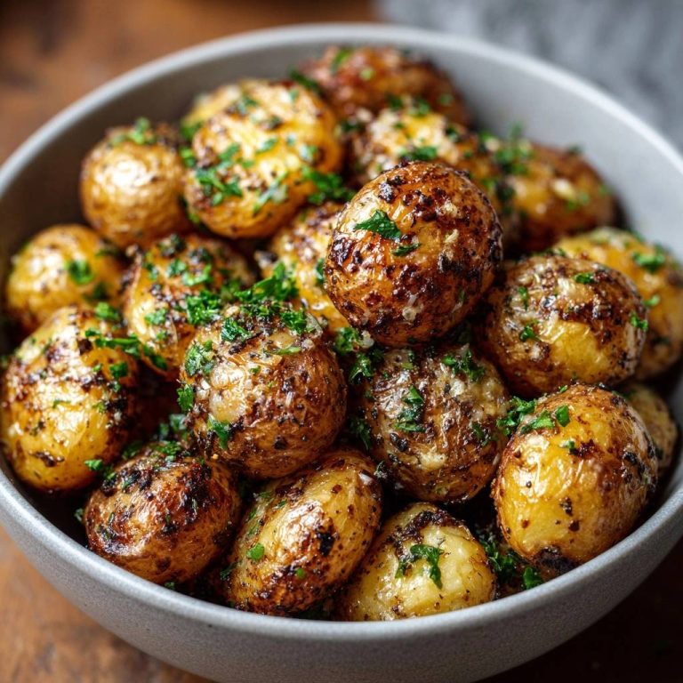 Goldbraune Knoblauch-Kräuterkartoffeln außen kross innen weich, nahaufnahme der krossen Oberfläche mit Kräutern garniert.