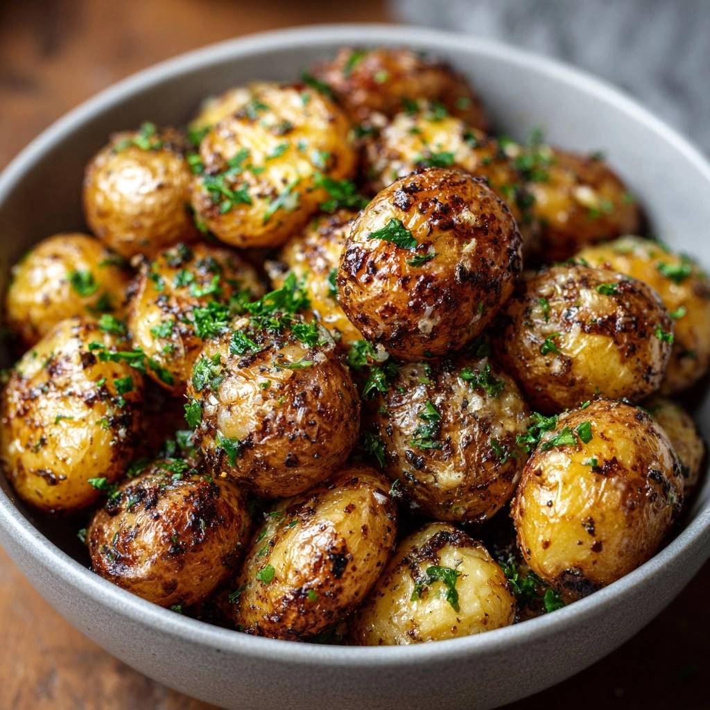 Goldbraune Knoblauch-Kräuterkartoffeln außen kross innen weich, nahaufnahme der krossen Oberfläche mit Kräutern garniert.