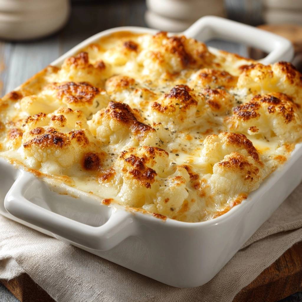 Goldbrauner Blumenkohl-Auflauf mit geschmolzenem Käse, eine Nahaufnahme, die die gebackene Kruste zeigt.