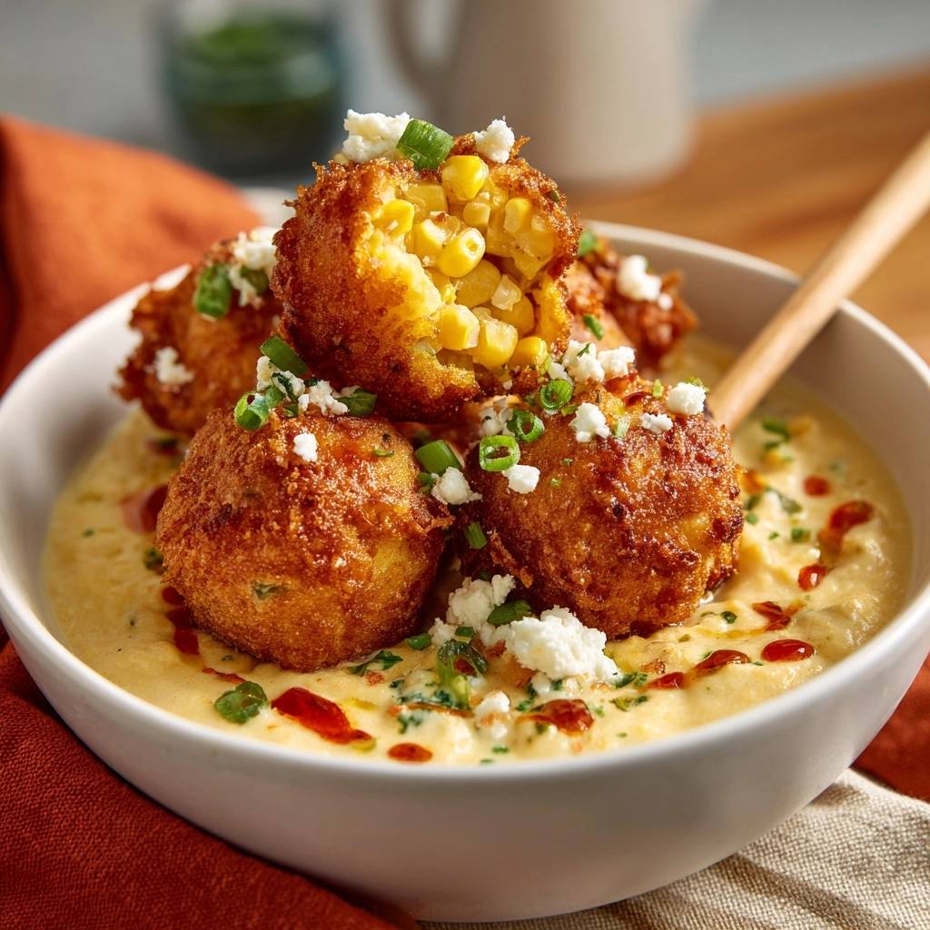 Goldene Mais-Kroketten auf cremiger Mais-Chili-Sauce, eine Kroketten ist angeschnitten und zeigt die saftige Maisfüllung.
