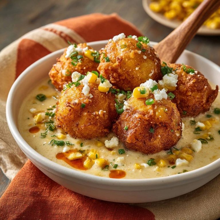 Goldene Mais-Kroketten auf cremiger Mais-Chili-Sauce, nahaufnahme mit garnierten Kroketten und zerbröseltem Käse.