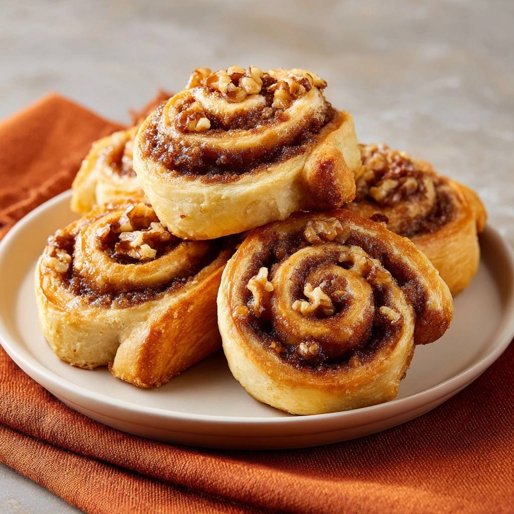 Goldene Walnuss-Zimtschnecken sind saftig und fluffig, mit einer Nahaufnahme der Walnuss- und Zimtfüllung und des goldbraunen Teigs.