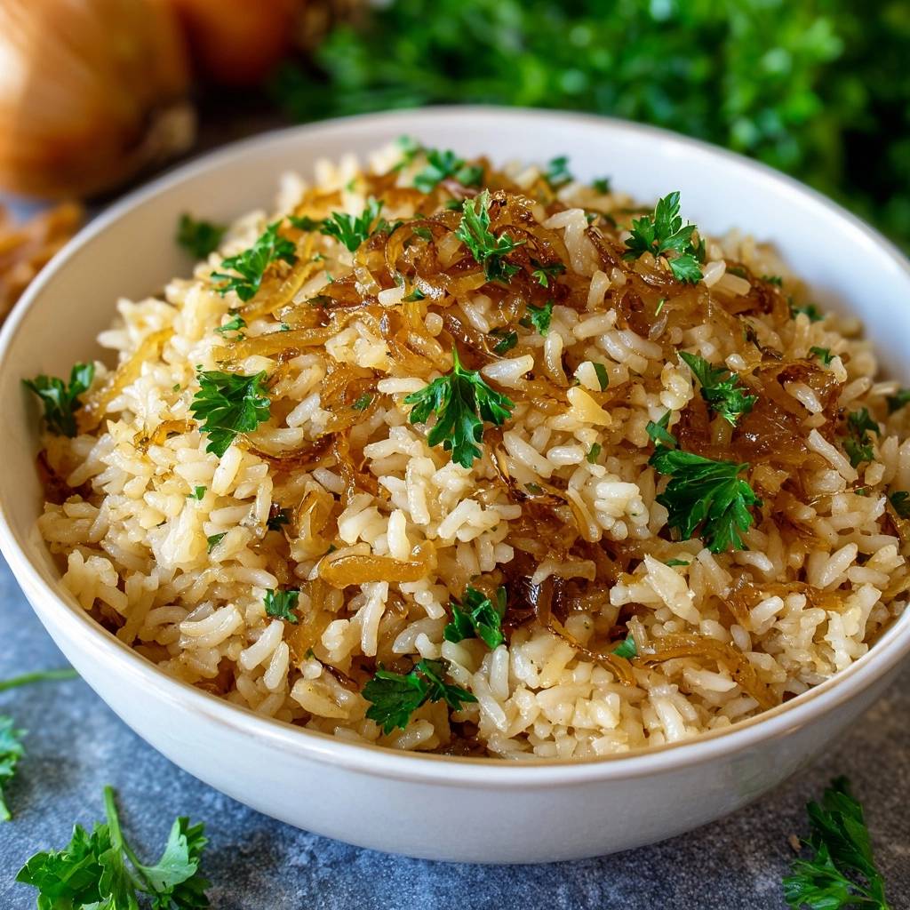Goldener Zwiebelreis, garniert mit frischer Petersilie und karamellisierten Zwiebeln, in einer weissen Schüssel.