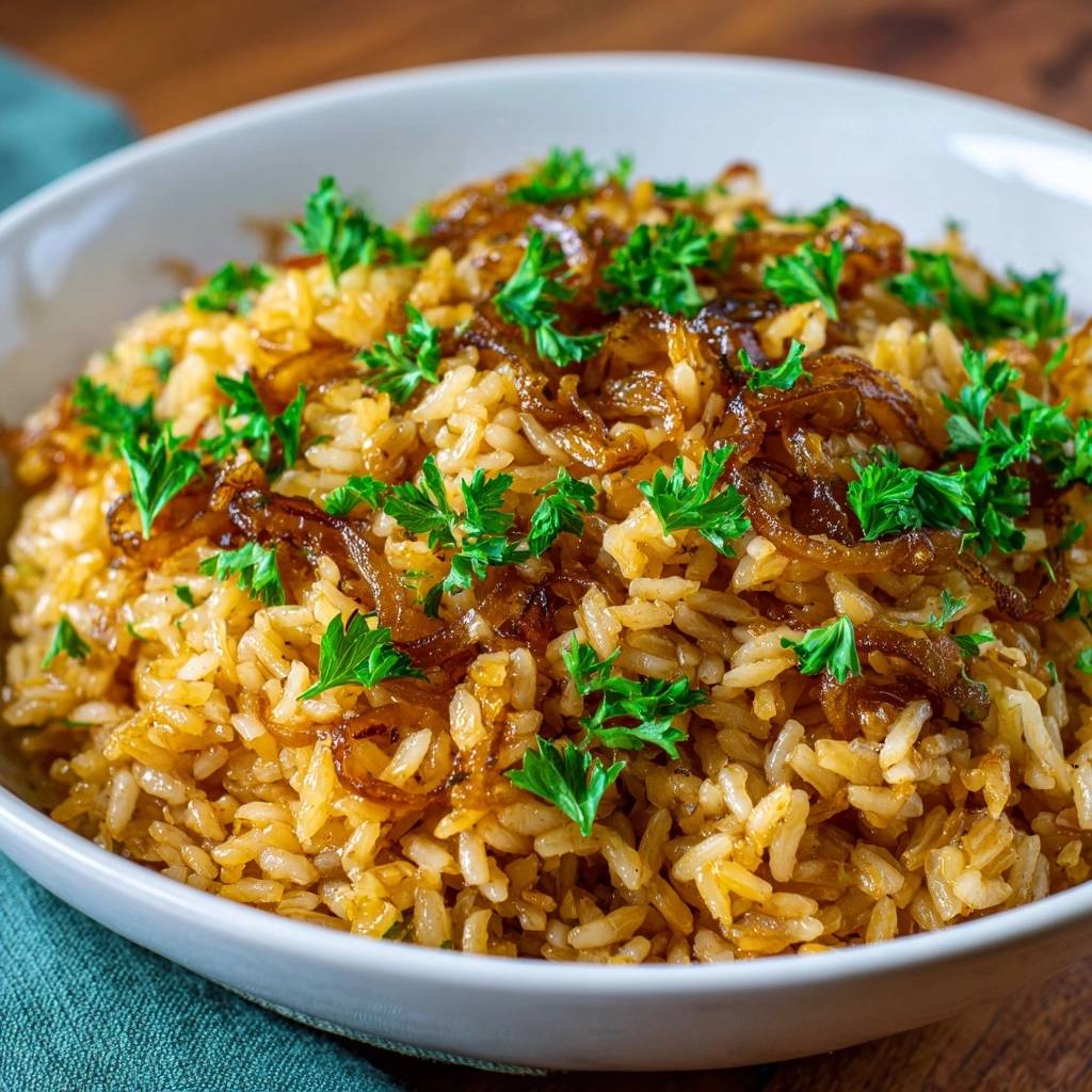 Goldener Zwiebelreis, eine Portion Reis mit karamellisierten Zwiebeln und frischer Petersilie garniert, wird in einer weißen Schüssel serviert.