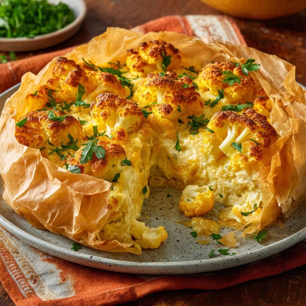 Goldgelbe Blumenkohl-Filo-Tarte angeschnitten, zeigt die cremige Füllung und knusprige Teigkruste mit frischer Petersilie garniert.