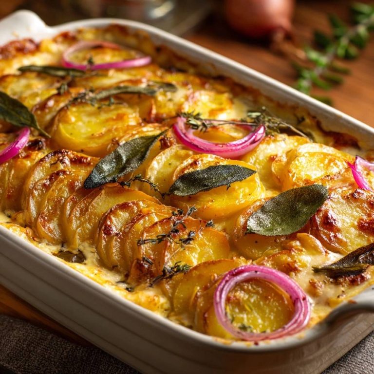 Goldgelbes Kartoffelgratin mit roten Zwiebeln, garniert mit frischen Kräutern und Salbeiblättern, in einer Auflaufform
