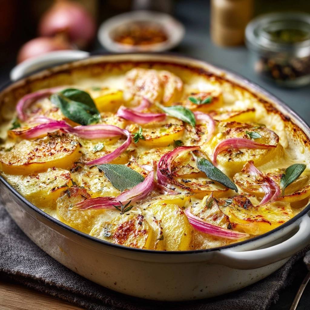 Goldgelbes Kartoffelgratin mit roten Zwiebeln, eine Nahaufnahme zeigt die geschichteten Kartoffelscheiben und frischen Kräuter.