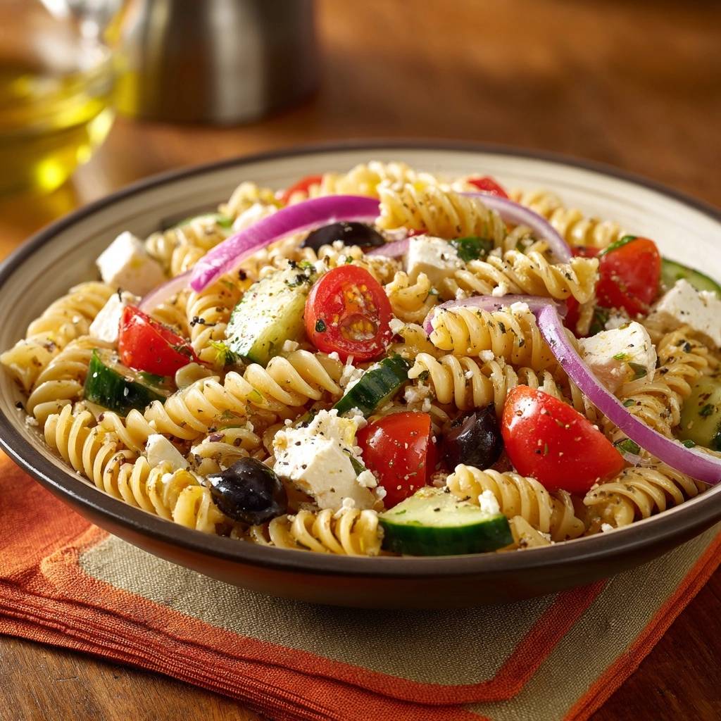Griechischer Fusilli-Salat mit Tomaten, Gurken, Oliven und Feta in Nahaufnahme auf einem Teller serviert.