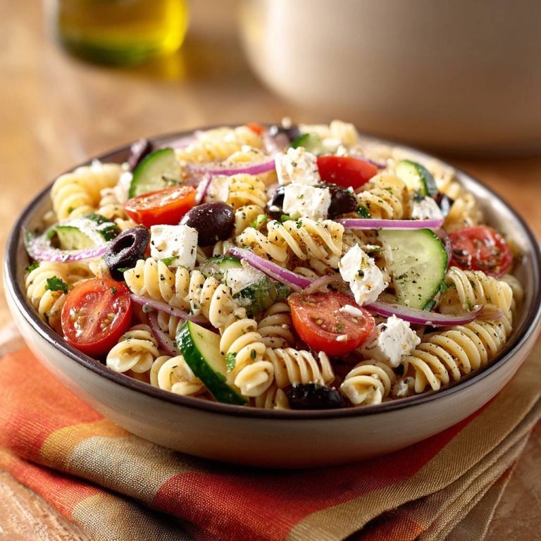 Griechischer Fusilli-Salat in einer Schüssel mit Tomaten, Gurken, Oliven und Feta serviert