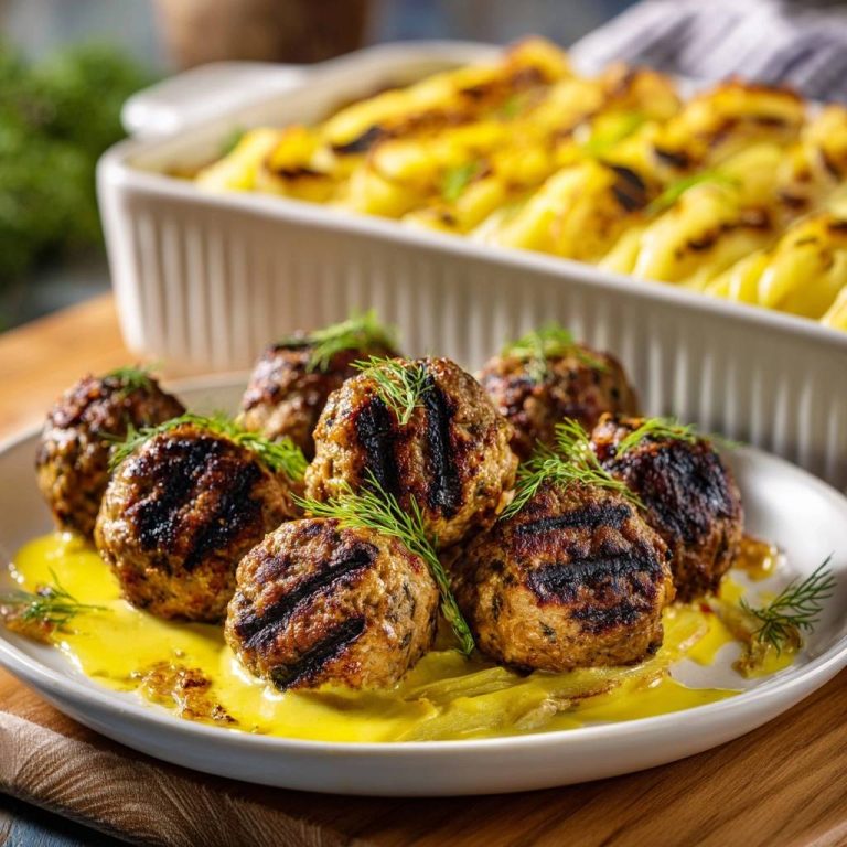 Saftige Grill-Hackbällchen auf cremigem Kartoffelgratin, serviert auf einem Teller und mit frischem Dill garniert.