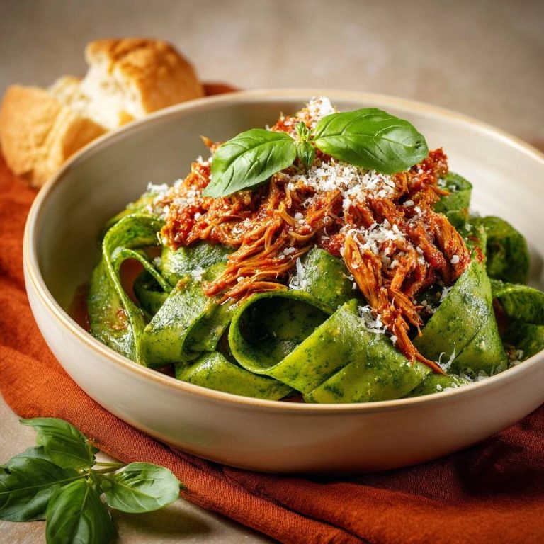 Grüne Spinat-Pappardelle mit Pulled Chicken, Nahaufnahme der Textur von Pasta und Fleisch mit Parmesan und Basilikum garniert.