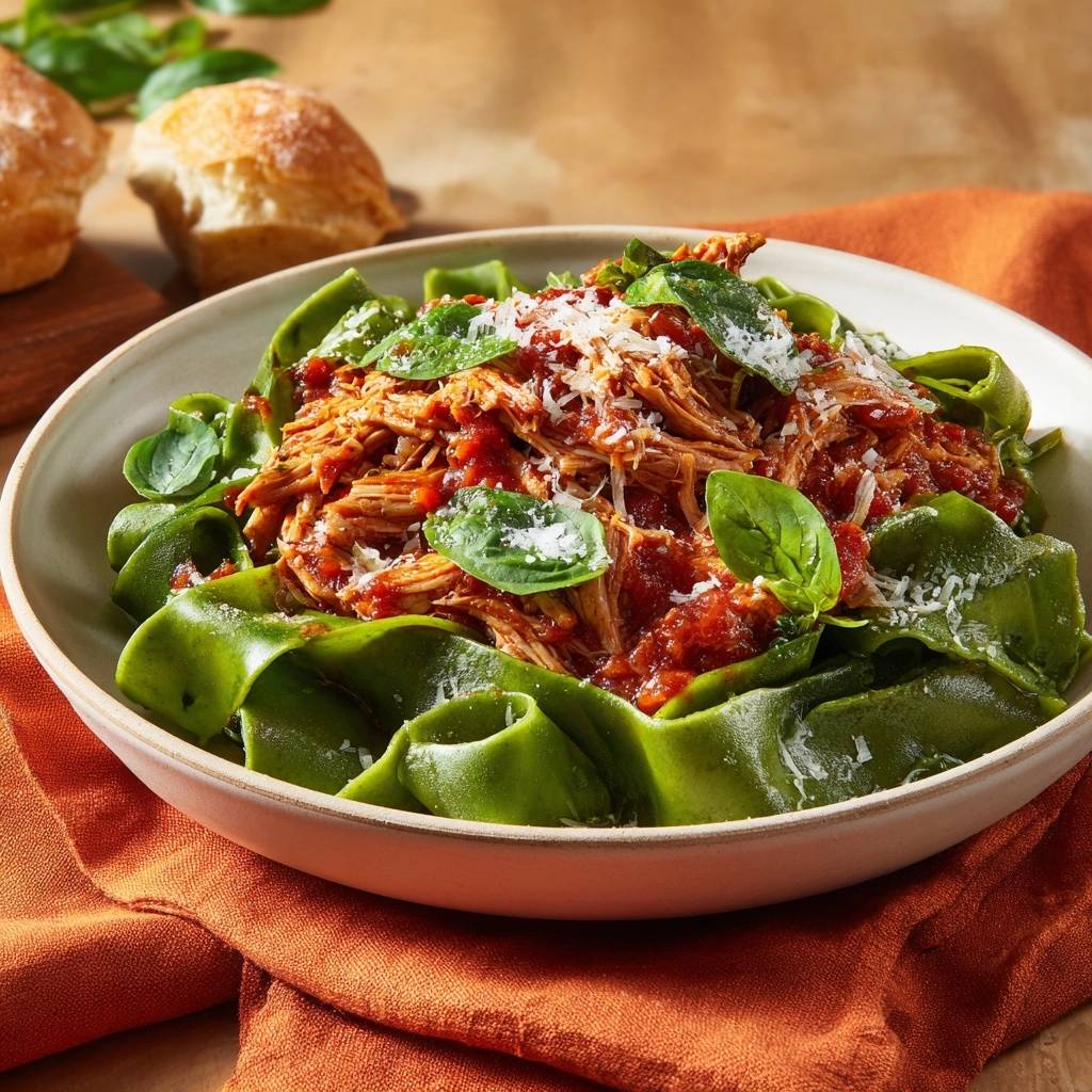 Grüne Spinat-Pappardelle mit Pulled Chicken, garniert mit frischem Basilikum und geriebenem Parmesan in einer Schüssel.