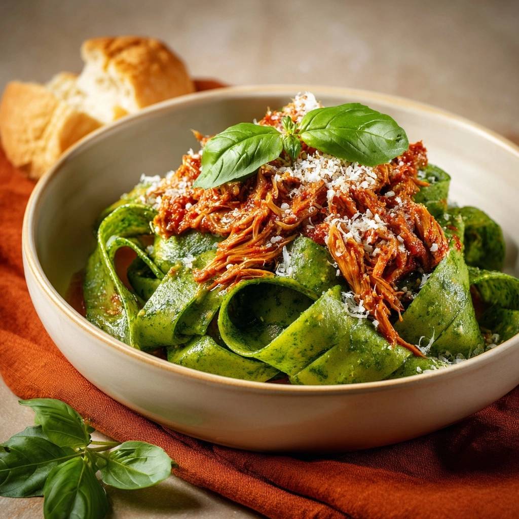Grüne Spinat-Pappardelle mit Pulled Chicken, Nahaufnahme der grünen Pasta mit Fleisch und Basilikum garniert.
