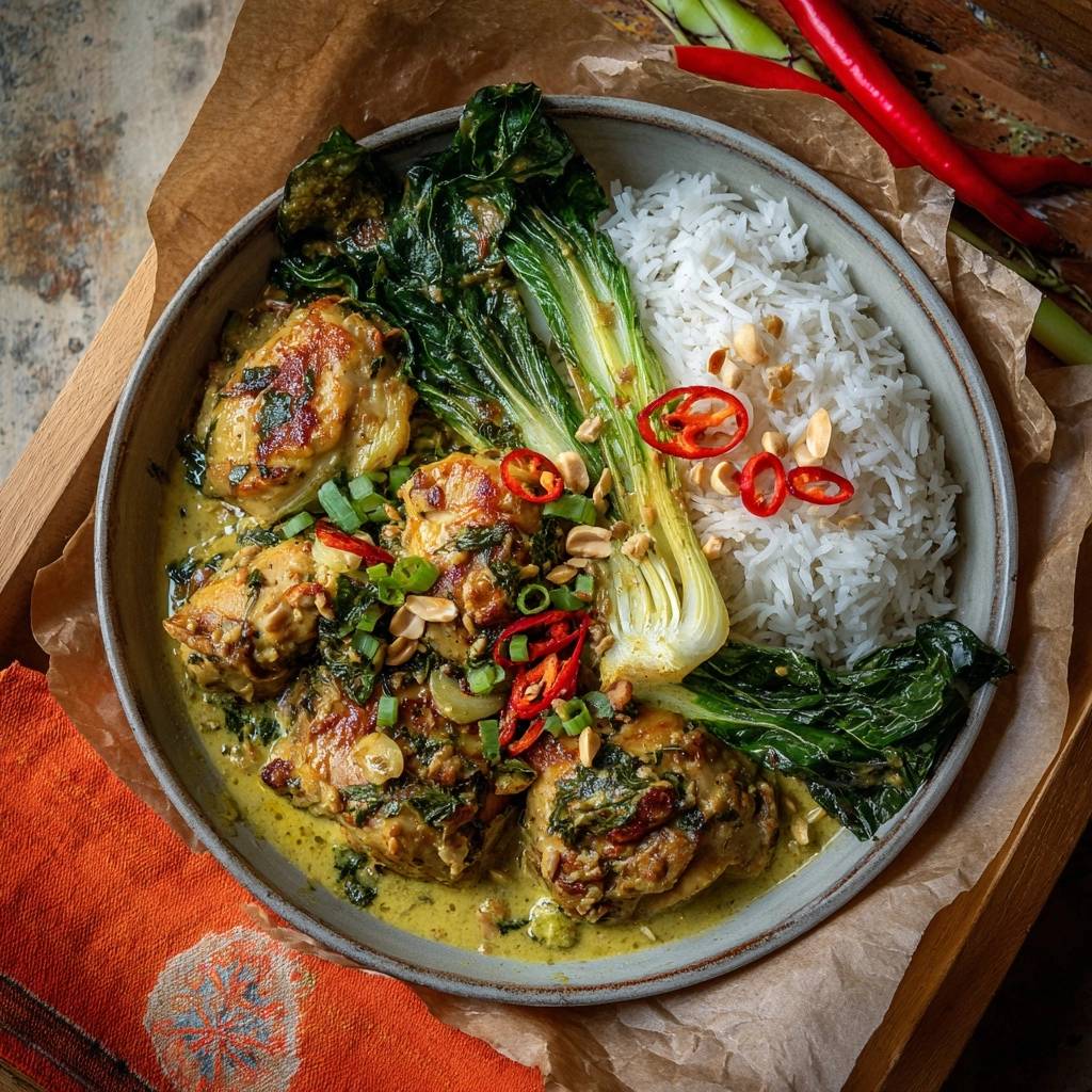 Cremiges Grünes Thai-Curry mit Hähnchen, serviert mit Reis und garniert mit Chilis und Erdnüssen.