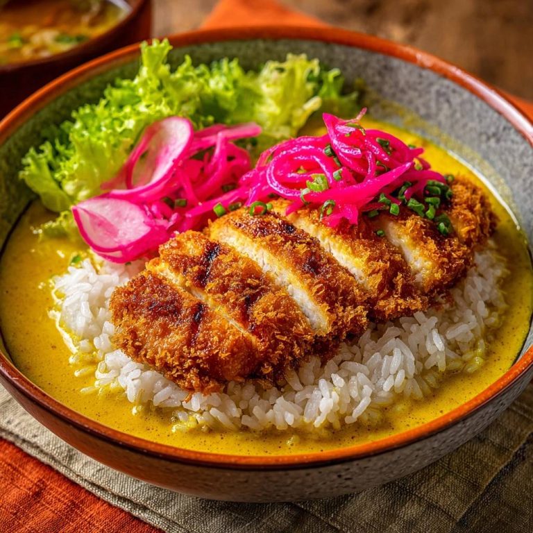 Knuspriges Hähnchen Katsu Curry als Nahaufnahme, das geschnittene Schnitzel auf Reis mit gelber Currysauce und eingelegten Zwiebeln.
