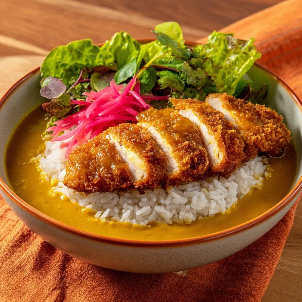 Knuspriges Hähnchen Katsu Curry, nahaufnahme der geschnittenen Hähnchenbrust auf Reis mit Curry-Sauce.
