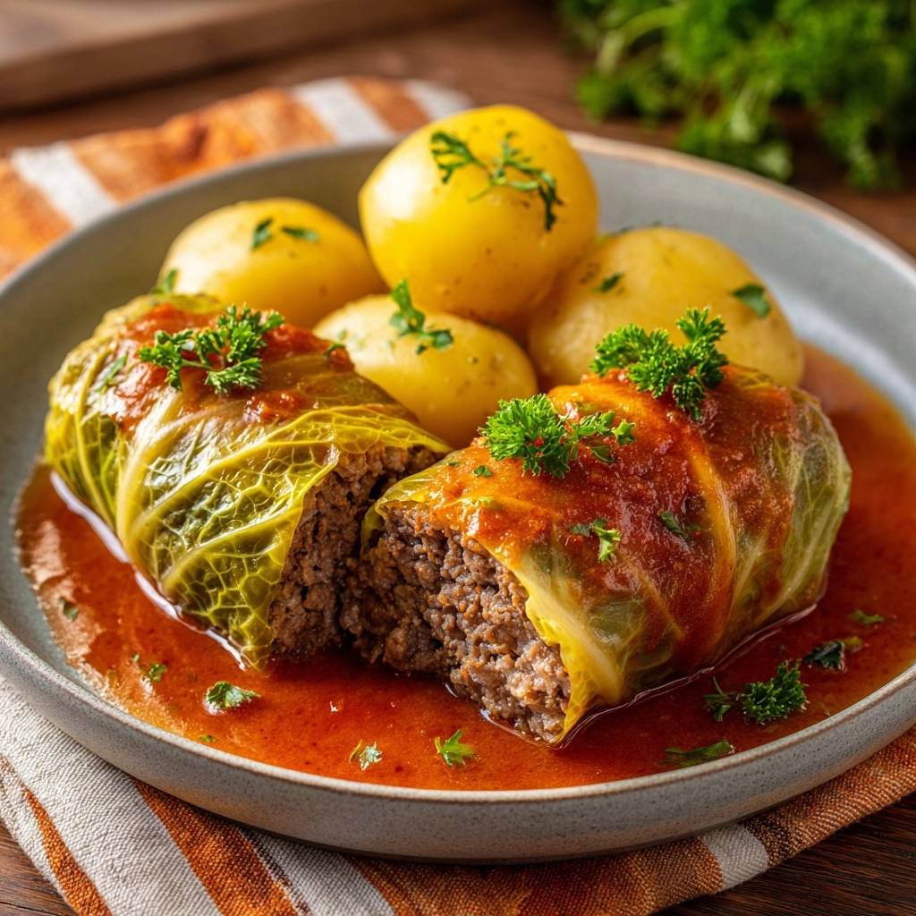 Saftige Hack-Kohlrouladen mit Tomatensoße & Kartoffeln angeschnitten, mit frischer Petersilie garniert und in Sauce serviert.