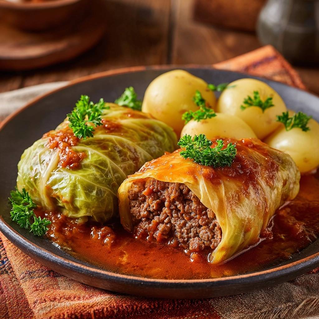 Saftige Hack-Kohlrouladen mit Tomatensoße und Kartoffeln, angeschnitten mit sichtbarer Hackfleischfüllung, serviert auf einem Teller.