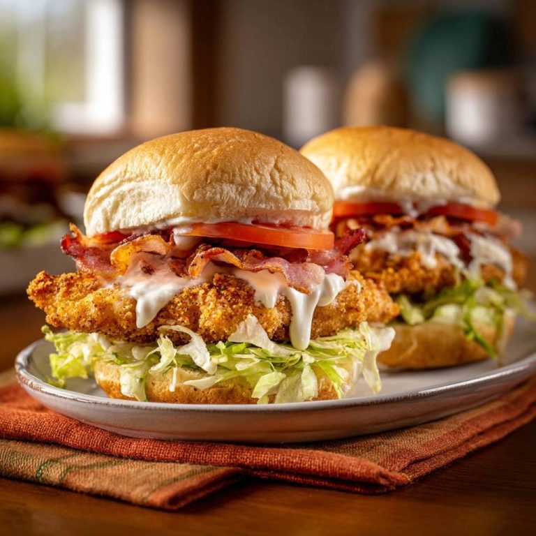 Knuspriger Hähnchen-Bacon-Burger auf einem Teller mit Salat und Tomate, Nahaufnahme von vorne