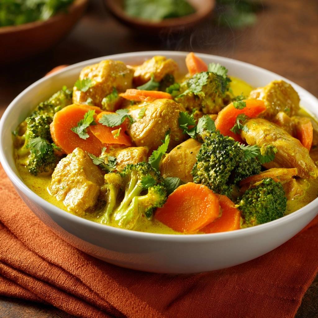 Knackiger Hähnchen-Brokkoli-Curry, serviert in einer weißen Schüssel mit sichtbaren Karottenstücken und frischer Petersilie.