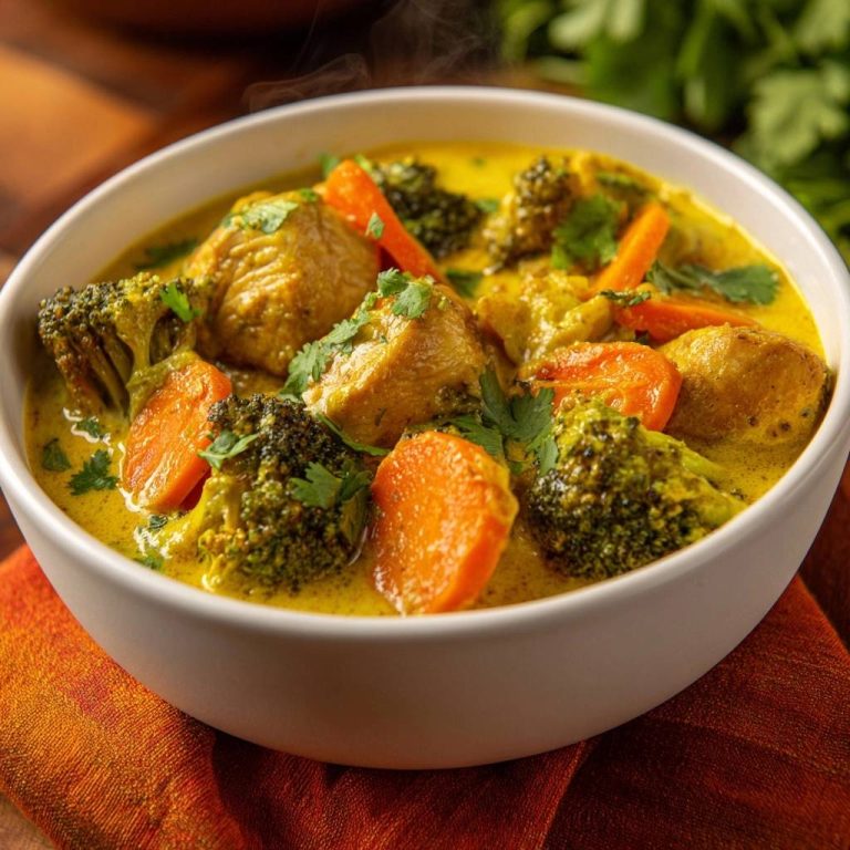 Knackiger Hähnchen-Brokkoli-Curry mit Dampf, serviert in einer weissen Schüssel auf einem orangen Tuch.
