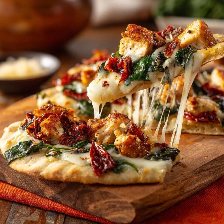 Knusprige Hähnchen-Spinat-Flatbread-Pizza mit geschmolzenem Käse, der beim Anheben einer Scheibe Fäden zieht.