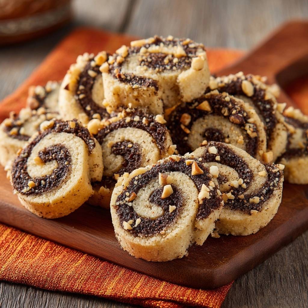 Haselnuss-Schoko-Rollen mit feinem Nuss-Topping, Nahaufnahme der angeschnittenen Rolle mit Schokoladenfüllung.