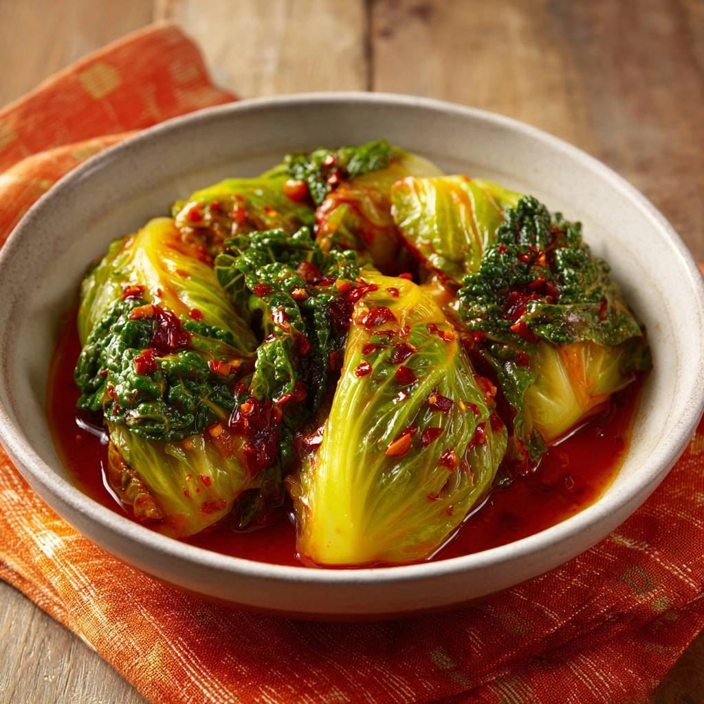 Hausgemachtes Kimchi, nah aufgenommen mit scharfer roter Würze und frischen grünen Blättern in einer Schüssel.