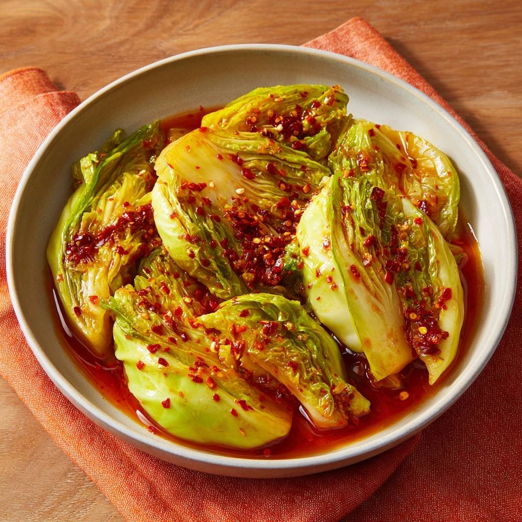 Hausgemachtes Kimchi als Nahaufnahme, serviert in einer Schüssel mit einer würzigen roten Soße und Chiliflocken.