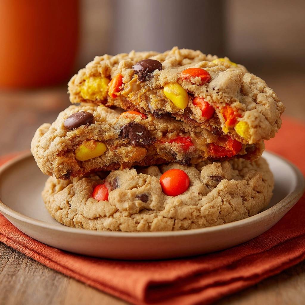 Herbstliche Erdnussbutter-M&M-Cookies angeschnitten, die innen mit Erdnussbutter und Schokoladen- und M&M-Stücken gefüllt sind.