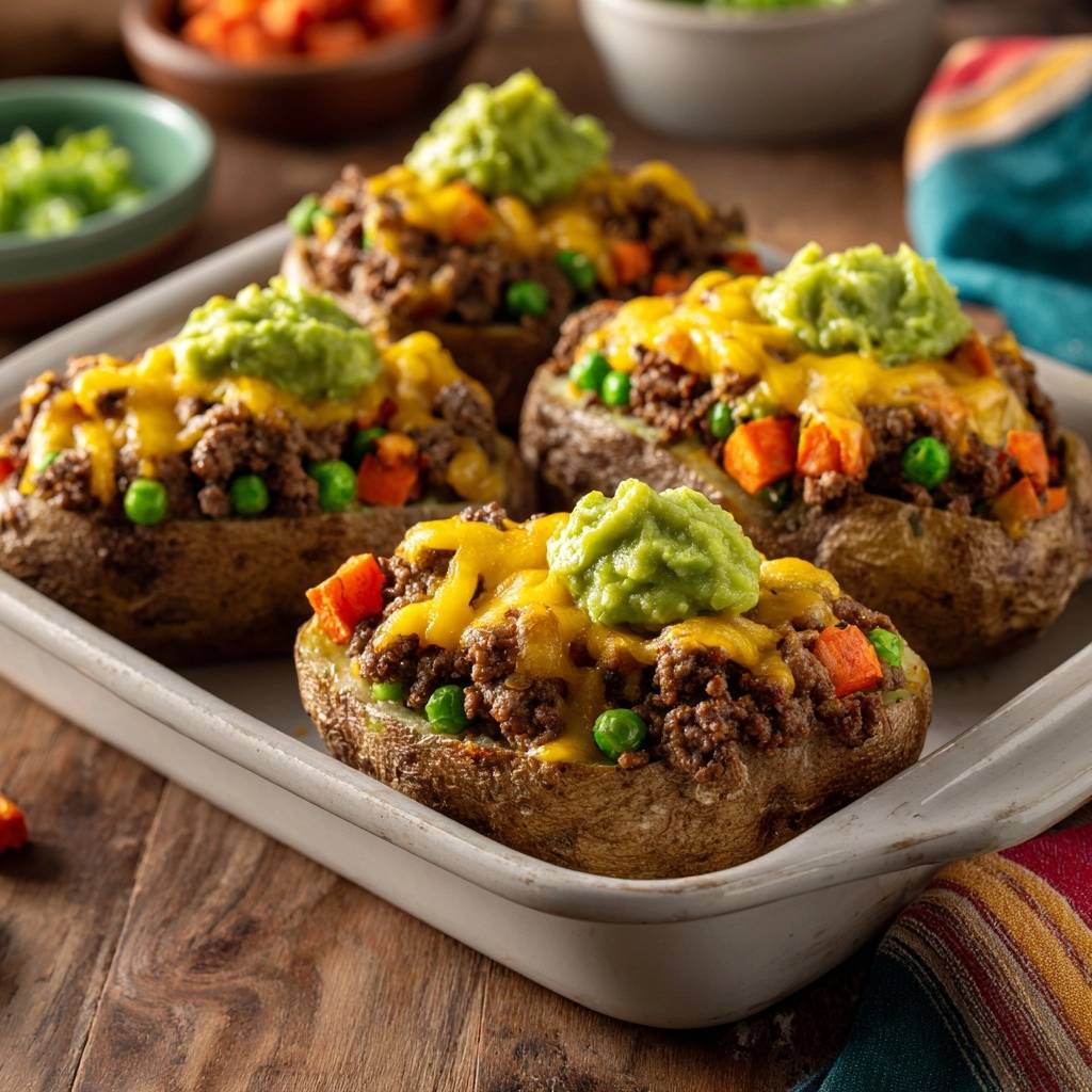 Herzhafte Ofenkartoffeln mit Rinderhack, überbacken mit Käse und garniert mit Guacamole.