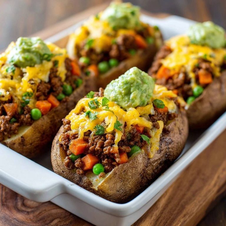 Herzhafte Ofenkartoffeln mit Rinderhack, garniert mit geschmolzenem Käse und Guacamole, nahaufnahme